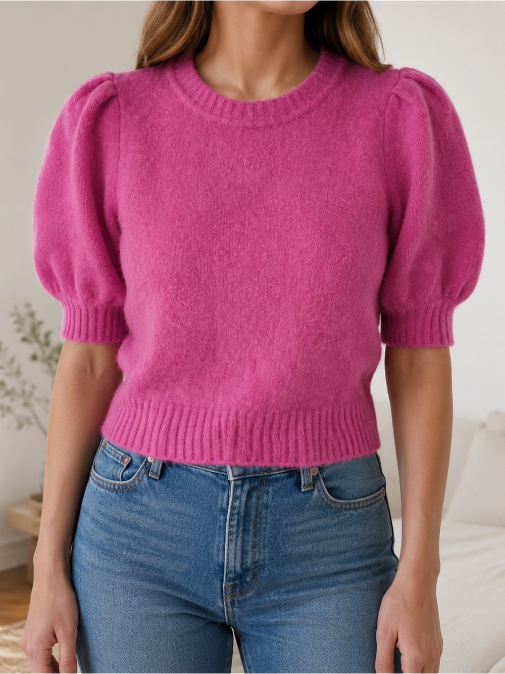 Z Supply Fuchsia Short Puff Sleeve Knit Sweater Top Size XS
